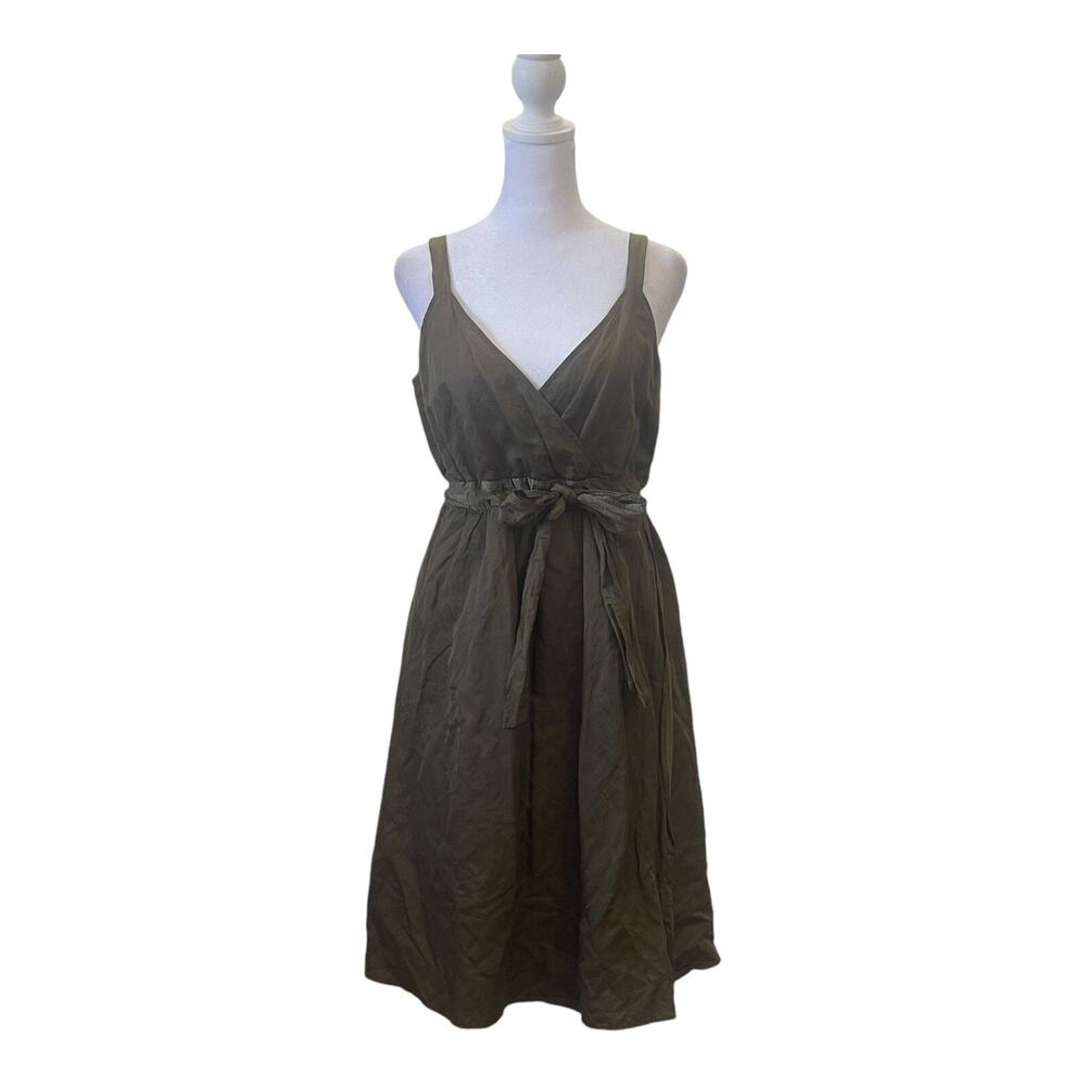 Eileen Fisher Dress Womens 6 Olivine Olive Green Steel Satin Empire Waist Tie - Picture 2 of 12